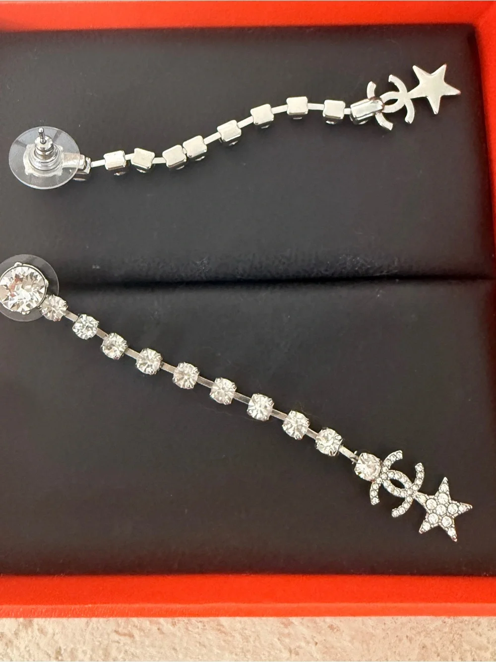 Chanel Crystal Drop Earrings with Star Motif - Silver Tone
